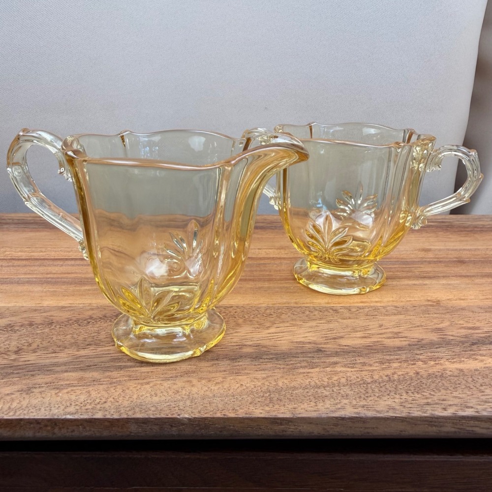 Fostoria Baroque Amber Yellow Glass Creamer and Sugar Bowl Set Vintage MCM